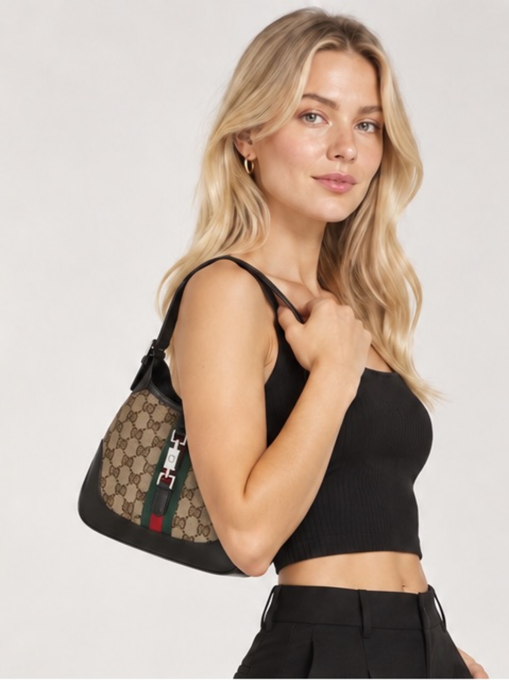 Gucci Brown GG Canvas Shoulder Bag with Black Trim and Green-Red Stripe
